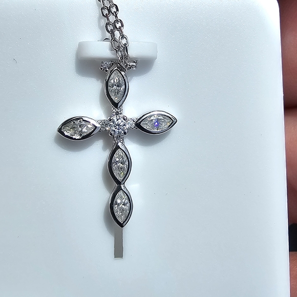Jewelry - Sterling Silver Cross Pendant Necklace with Clear Marquise Cubic Zirconia